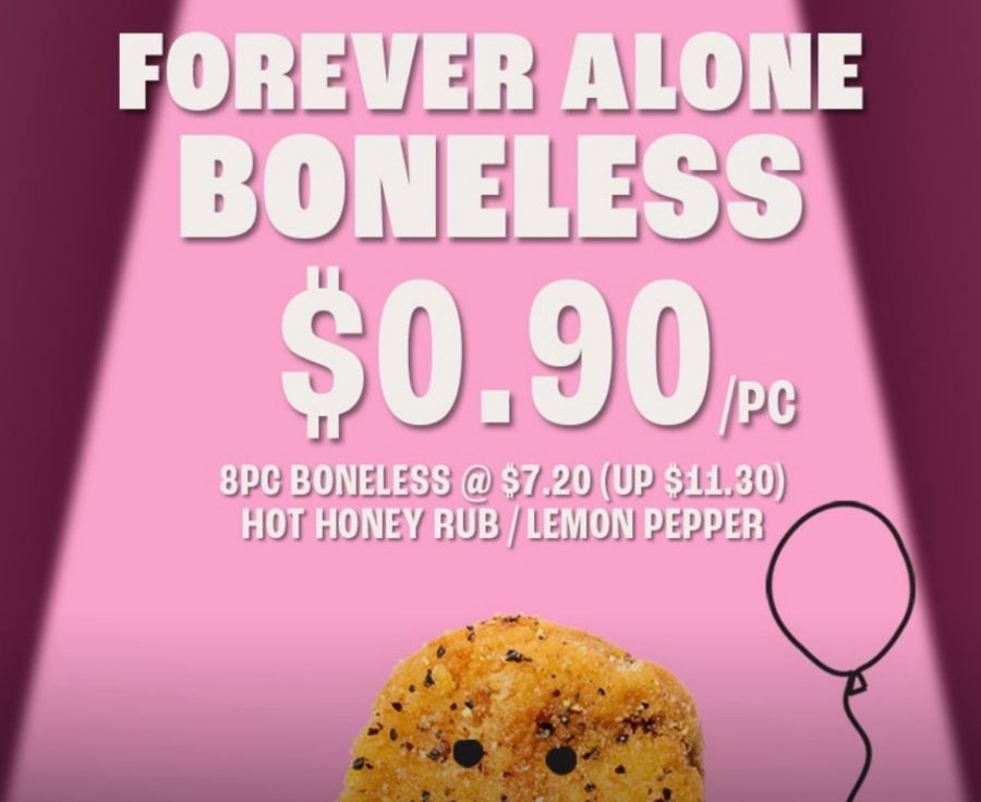Wingstop's Forever Alone Boneless poster: $0.90 per piece, 8pc boneless at $7.20, usual $11.30, Hot Honey Rub or Lemon Pepper