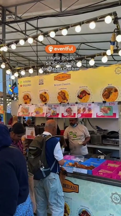 Ajmir Briyani menu board at the Woodlands MRT pasar malam with briyani from $8.50 to $20