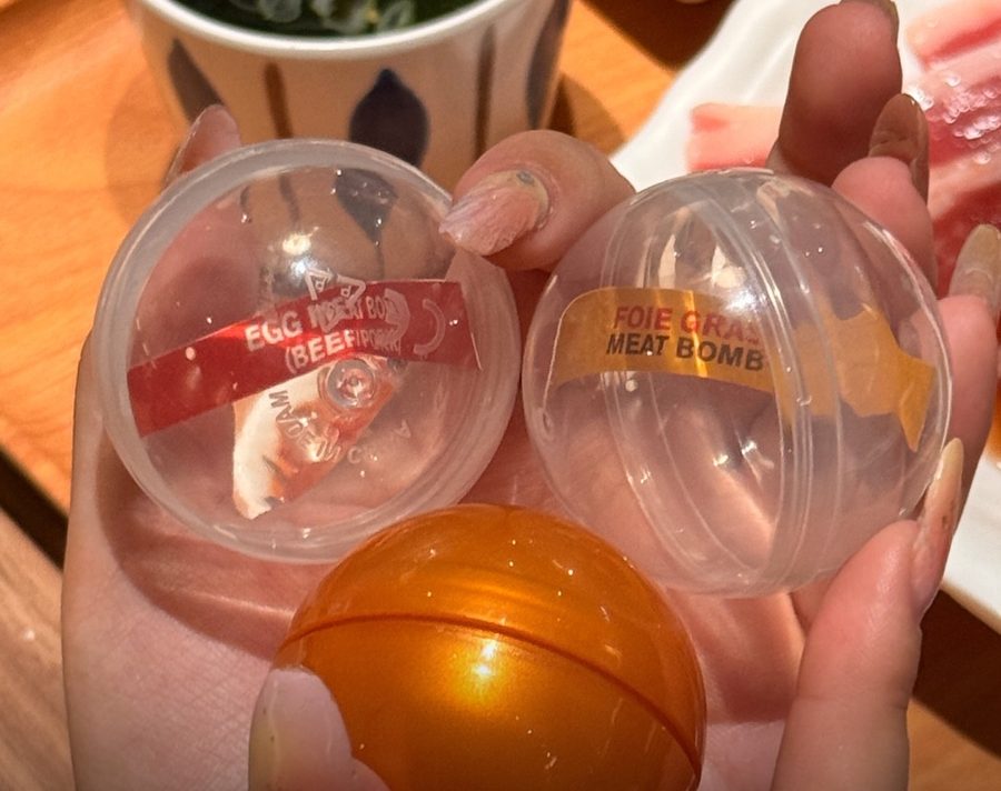 Yakiniku-GO gacha capsules labelled Egg Meat Bomb and Foie Gras Meat Bomb
