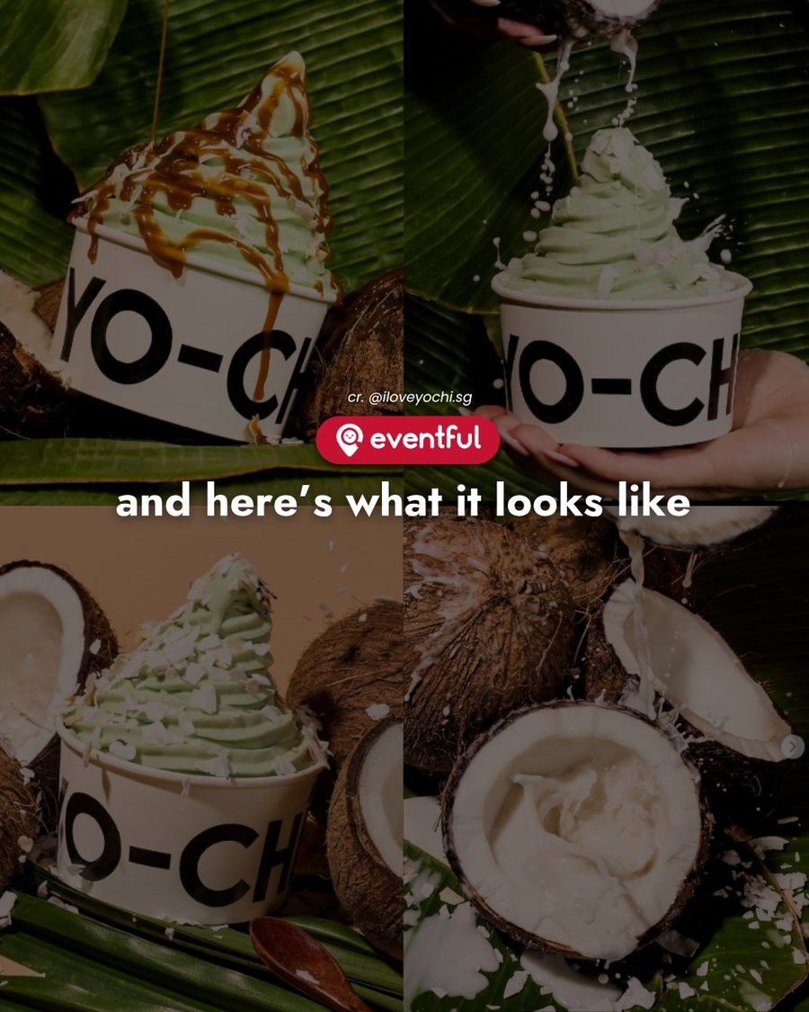 Four shots of Yo-Chi Singapore's new pandan frozen yoghurt with coconut and gula melaka
