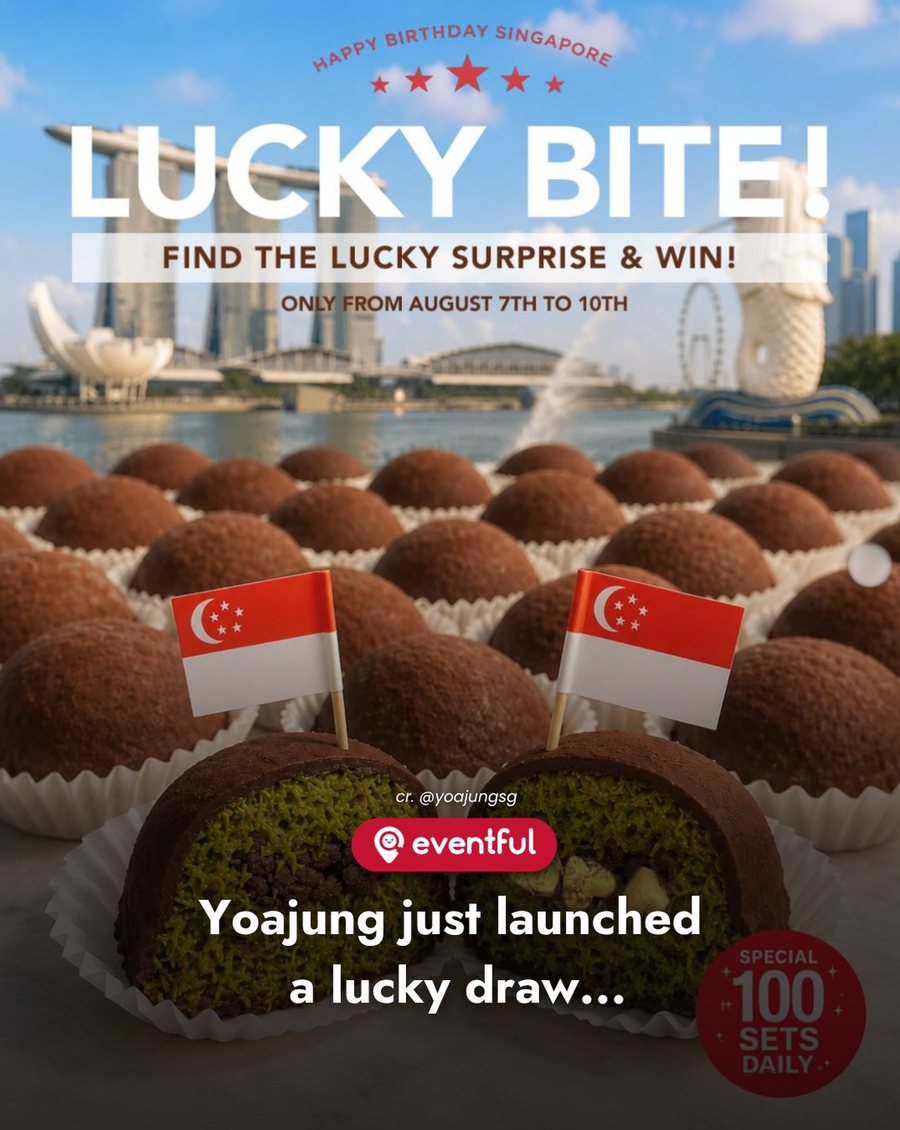 Yoajung Lucky Bite poster for 7 to 10 August 2026 with Dubai Chewy Cookies and Singapore flags