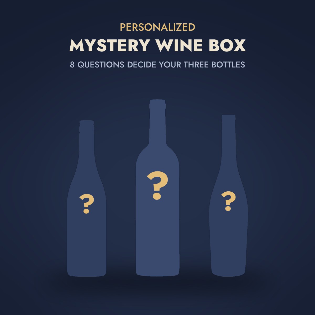 The Personalized Mystery Wine Box: three sealed wine bottle silhouettes with question marks