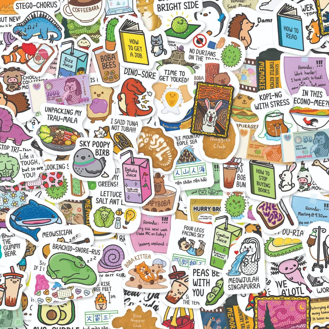 A wall of real DCHTOONS stickers: Merlion Dollars, Kopi-ng With Stress, Dino-Sore, boba animals and friends
