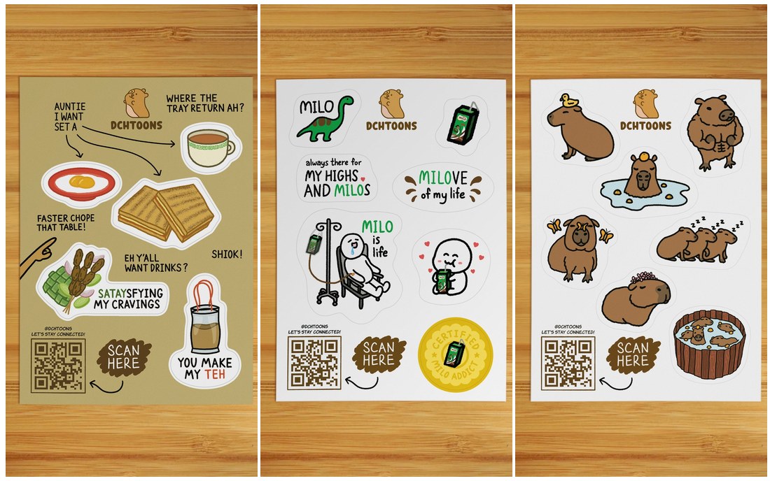 Three DCHTOONS sticker sheets: SG Hawker, Milo and Capybara