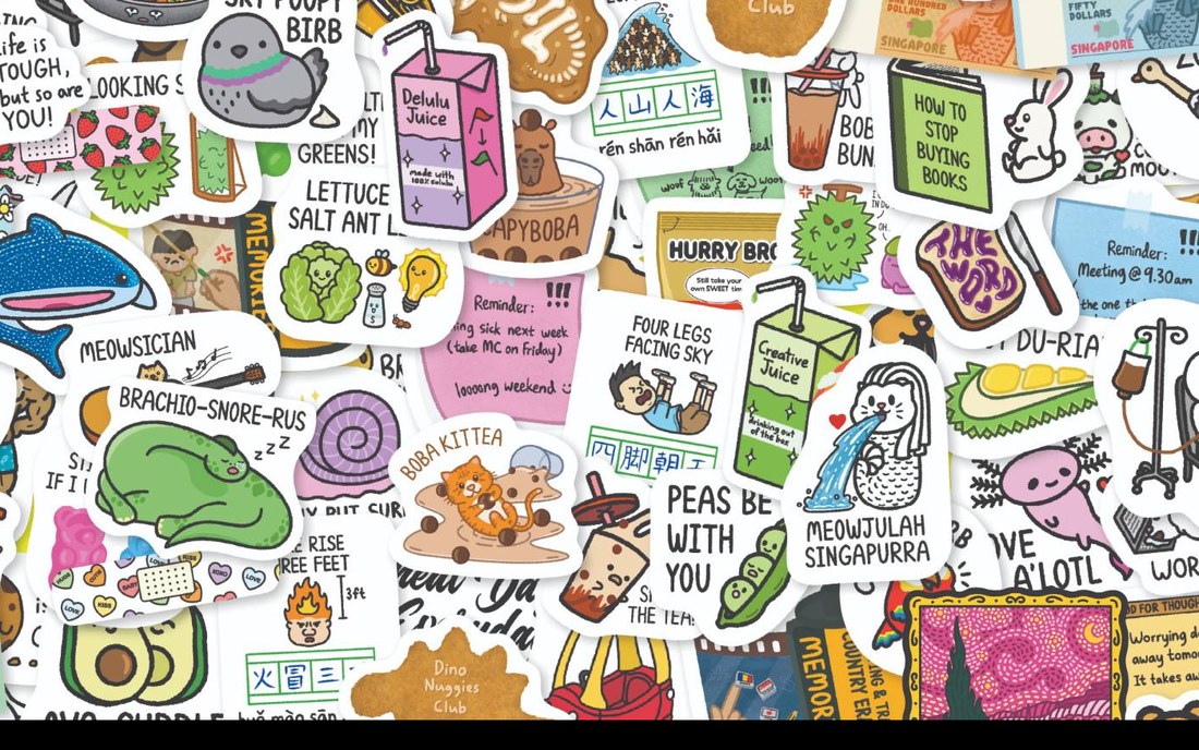 A spread of DCHTOONS stickers: Meowjulah Singapurra, Peas Be With You, Brachio-Snore-Rus, Hurry Bro and more